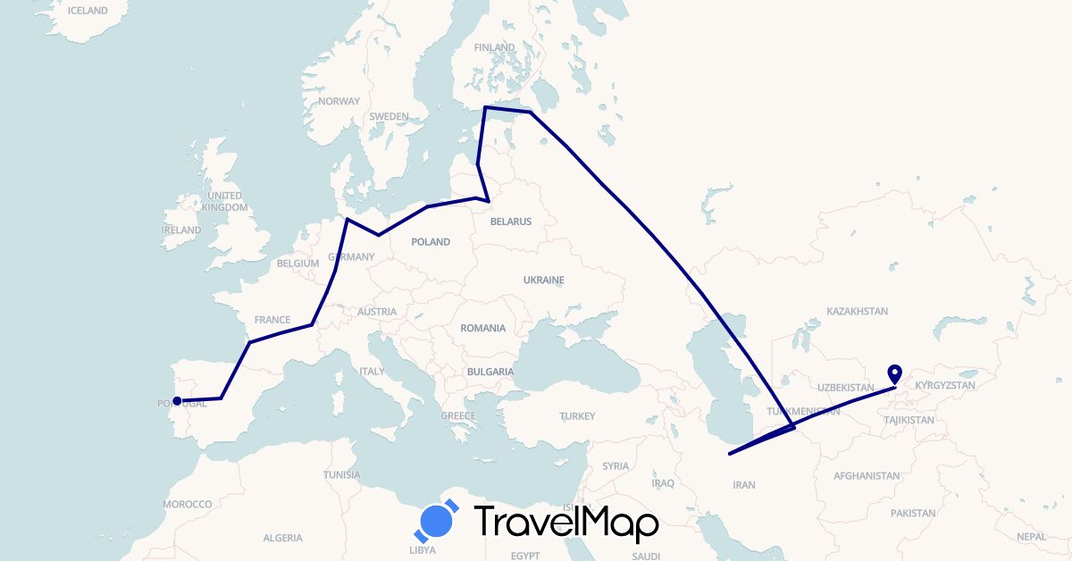 TravelMap itinerary: driving in Switzerland, Germany, Estonia, Spain, Finland, France, Iran, Lithuania, Latvia, Poland, Portugal, Russia, Turkmenistan, Uzbekistan (Asia, Europe)